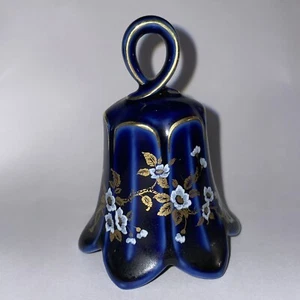 Vintage Lindner Cobalt Blue Gold Flowers Scalloped Porcelain Bell 3 Inches - Picture 1 of 5