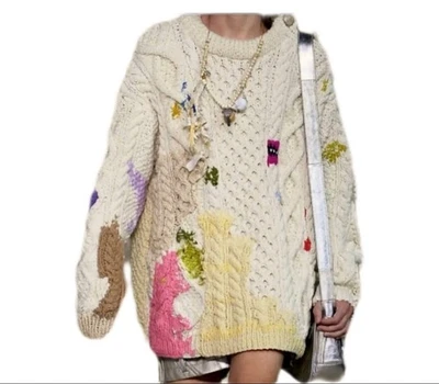 Suéter Coach Grueso Tejido con Cable de Lana Beige Puntada Multicolor 2023 Raro Pasarela Sin Foto 1 de 4