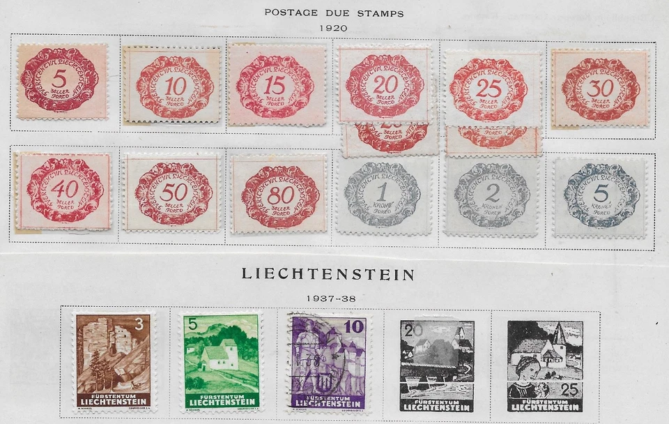 17 марок Лихтенштейна с почтовыми отправлениями из качественного старого антикварного альбома 1920–1938 гг. - Изображение 1 из 1