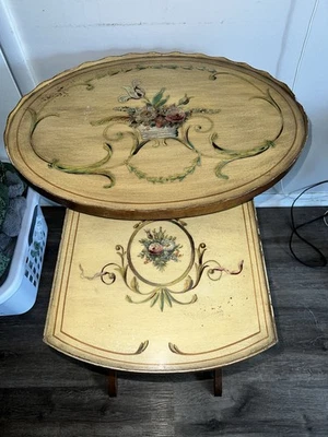 1920’s Antique Nesting Tables Set Of 2 Pastel Mahogany Hand Painted Rare Vintage - Image 1 of 4