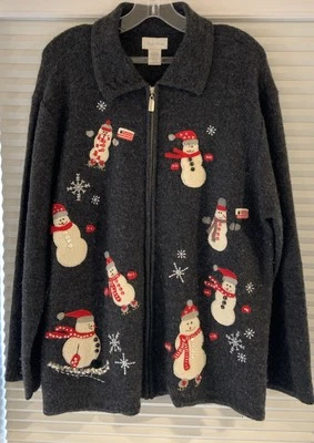 Suéter "Feo" Vintage Navidad/Vacaciones Cremallera Completa 100% Lana Para Mujer Talla Grande Foto 1 de 2