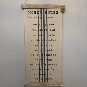 NWT Mud Pie House Rules Fabric Wall Hanging Sign Farmhouse Tan Extra Large Decor - Afbeelding 1 van 15