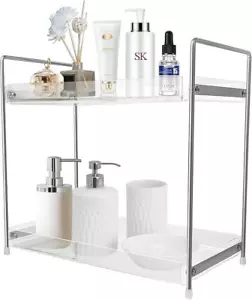 2 Tier Acrylic Tray Bathroom Vanity Countertop Shelf Storage Organizer Silver - Picture 1 of 11