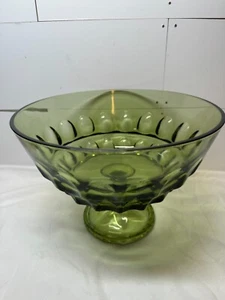Vintage Hazel Atlas Olive Green Thumbprint Reflection Compote Pedestal Bowl 10” - Picture 1 of 8