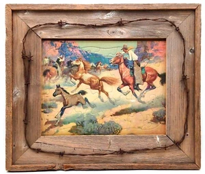 VTG Western Art Cowboys and Horses Barbed Wire Barn Wood Frame 21x18 USA - Picture 1 of 12