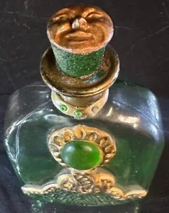 Seltener grüner Glas Parfüm Flakon um 1900 - versiegelter Mondgesicht Stopfen, emailliert - Bild 1 von 8
