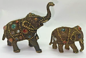 Antique Bejeweled Brass Elephant Pair - Picture 1 of 4