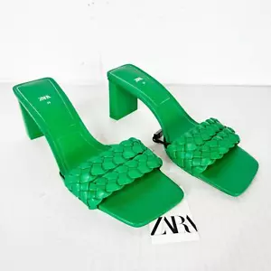 Zara Sandals Heels Woven Size 39 Kelly Green Square Toe - Picture 1 of 8