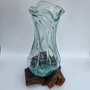 Vase Melted Glass on Teak Driftwood Vase Terrarium Planter Decorative Art - Picture 1 of 12