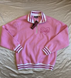 NEU Barbie rosa Streifen Pullover Sweatshirt 1/4 Reißverschluss Damen Medium bestickt - Bild 1 von 9