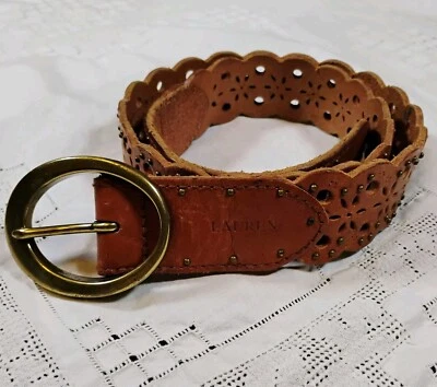 Cinturón para mujer Lauren Ralph Lauren de cuero marrón con hebilla de latón talla pequeña occidental  Foto 1 de 4