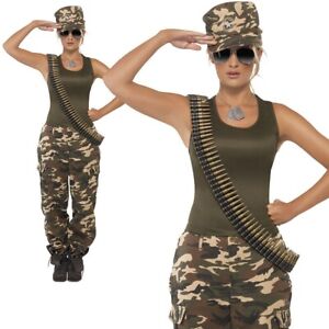 Ladies Army Girl Costume Camo Khaki Soldier Uniform Fancy Dress Womens UK 8-18
