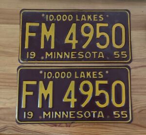 2 x Vintage 1955 Minnesota US American Metal Licence Number Plates Yellow Maroon