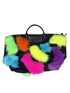 Jeremy Scott x Longchamp Paris Neon Fell Patch schwarz Beuteltasche Tasche-Le Pliage Neu mit Etikett - Bild 1 von 3