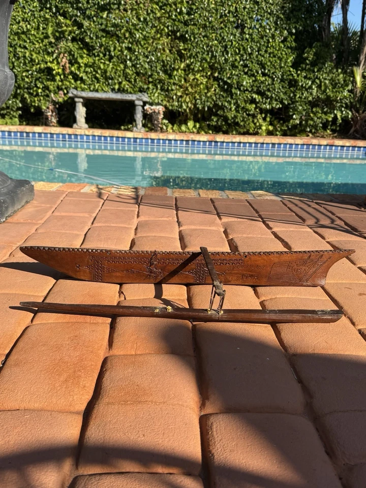 WW2 1943 Wood Carved Trench Art Forget Me Not Trench - 26” Polynesian Outrigger - Image 1 of 4