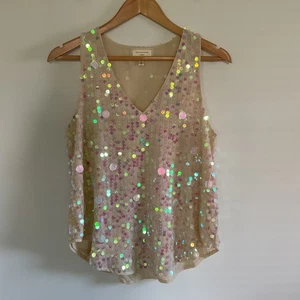 Anthropologie Moulinette Soeurs Swing-Trägertop Pailletten Gr. 4 creme schillernd Boho - Bild 1 von 12