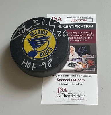 Peter Stastny Blues “HOF 98” Signed Vintage Puck W/ FREE Case JSA # AD75706 - Image 1 of 2