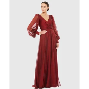 Mac Duggal Sheer Blouson Sleeve Surplice Gown Dress Red Size 8 - Picture 1 of 19