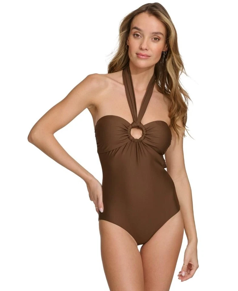 Traje de baño para mujer DKNY marrón con junta tórica de una pieza con cuello bandeau marrón talla XL Foto 1 de 1