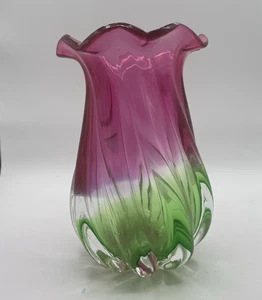 Vintage Teleflora Hand Blown Vase Pink and Green Swirl Pattern Ruffle Edge - Picture 1 of 7