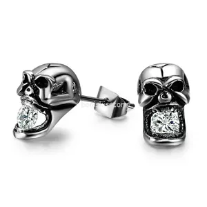 Vintage Gothic Skull CZ Siver Tone Stainless Steel Stud Earrings for Men 2pcs - Picture 1 of 4
