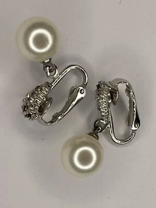 Vintage Faux Pearl Clip-On Drop Earrings with Rhinestones. - Picture 1 of 4