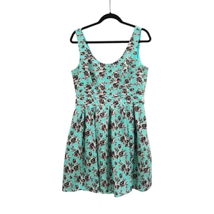 Review Size 14 Green Black White Floral Pleated Retro Skater Cocktail Dress - Picture 1 of 2