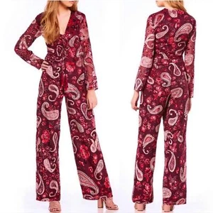 NWT Chelsea & Violet Maroon Velvet Boho Paisley Jumpsuit Sz Medium - Picture 1 of 14