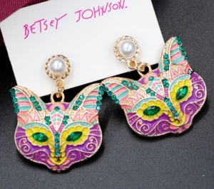 Colorful CAT Pink Purple Green Rhinestone Betsey Johnson Pearl Dangle Earrings - Picture 1 of 7