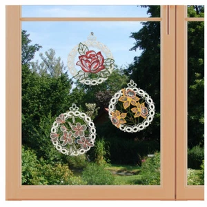 3er Set Fensterbilder Blüten Fensterdeko Plauener Spitze Frühlingsdeko Ornamente - Bild 1 von 5