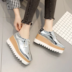 Womens Platform Creeper Wedge Heel Thick Soled Faux Patent Leather Shoes Lace Up - Picture 1 of 12