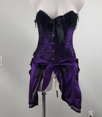 Corsé y falda estilo burlesco satinado y encaje, lazos y plumas, M, morado Foto 1 de 4