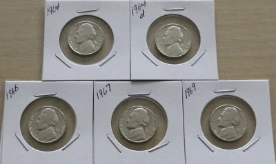 5 Jefferson Nickels 1964pd, 1966, 1967, 1969, (12P5-9) Circulated Nice Set - Image 1 of 4