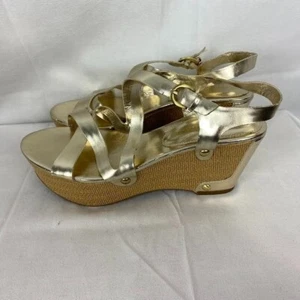 Audrey Brooke Plateau-Sandalen mit Keilabsatz Damen 9M goldfarbener Riemen offene Zehenpartie. - Bild 1 von 6