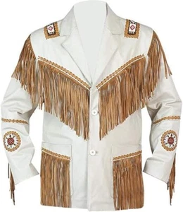 Herren Wildleder Leder Fransen Jacke Indianer Cowboy Perlen Jacke für Männer - Bild 1 von 2