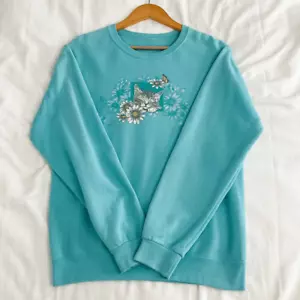 Vintage 90’s blue sleeping cat kitten crew neck sweatshirt women’s small - Picture 1 of 9