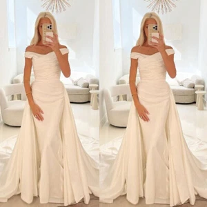 Satin Wedding Dresses With Detachable Train Off the Shoulder Mermaid Bridal Gown - Picture 1 of 9