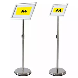 A4 Freestanding Silver Snap Frame, Angled with Studded Steel Pole, Round base - Picture 1 of 6