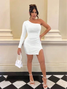 Womens Dress White Medium One Shoulder Ruched Split Hem Bodycon - Picture 1 of 7