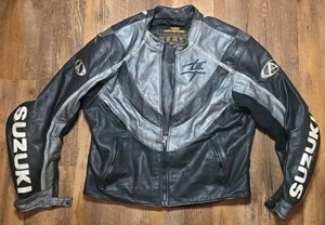 Vintage SUZUKI HAYABUSA Motorcycle Racing Leather Jacket Size 48 Black & Silver - Picture 1 of 3