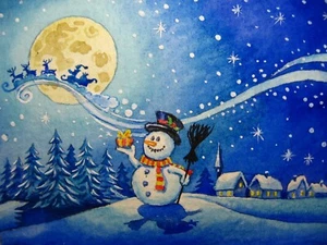 Dipinto Pupazzo di Neve Inverno Natale Babbo Natale Renna Slitta ACEO Arte. - Foto 1 di 2