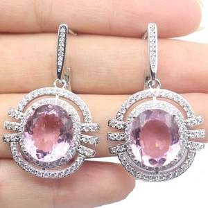 Pendientes grandes de plata para citas con piedras preciosas rosa kuncita blanca circonita cúbica para mujer - Imagen 1 de 3