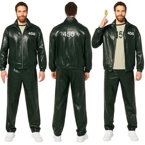 Squid Game Style 456 Herren Dunkelgrün Echtleder Trainingsanzug Set Jacke Hose - Bild 1 von 12