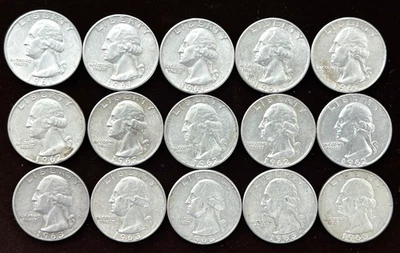 (LOT of 15) 61-62-63-D WASHINGTON QUARTERS 90% SILVER, MOST (AU to UNCIRCULATED) - Image 1 of 4