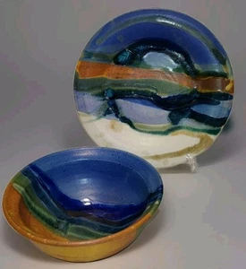 Studiokeramik Müsli Suppe Schüssel & Teller gemarkt Schlamm Pi blau grün goldbraun - Bild 1 von 15