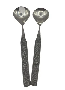 VINTAGE HARDANGER SYLVPLETT Konge Tinn Pewter & SS Viking Motif Salad Servers - Picture 1 of 6