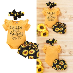 3-teiliges Outfits Set Neugeborenes Baby Mädchen Kleidung Strampler Body Tops Shorts Stirnband - Bild 1 von 11