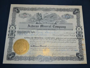 Aztecas Mineral Company 1909 antique stock certificate - Picture 1 of 1