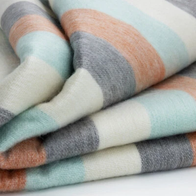 TRANQUIL STRIPED ALPACA WOOL BLEND BLANKET – 97x67 | AQUA, SLATE & CLAY | QUEEN - Image 1 of 4