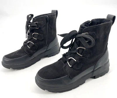 Sm New York 女式 6.5 人造毛皮黑色系带靴拉链衬里平底橡胶麂皮绒 — 第 1/4 张图片